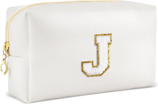 URSKYTOUS Gifts for Girls Initial Makeup Bag Personalized Cosmetic Bag with Zipper Cute Travel Toiletry Bags Waterproof PU Preppy Makeup Pouch Birthday Gift for Teen Girls Women(White J)