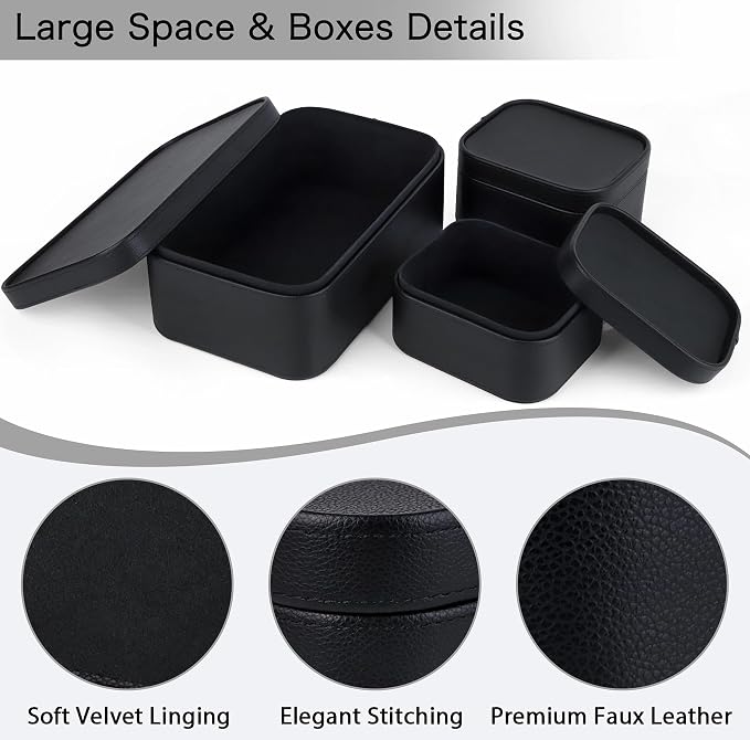 HofferRuffer Faux Leather Decorative Storage Boxes, Dust proof Storage Shelf Baskets with Lids Trays, Storage Bins Memory Box Organizer for Home, Office, Jewelry & More, Set of 3 (Black)