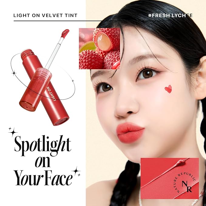 Nature Republic Light on Velvet Tint (01 FRESH LYCHEE) | Weightless Lip Tint with Velvety Matte Finish, High Pigment, Smooth Texture, Non-Sticky Formula, Stocking Stuffers