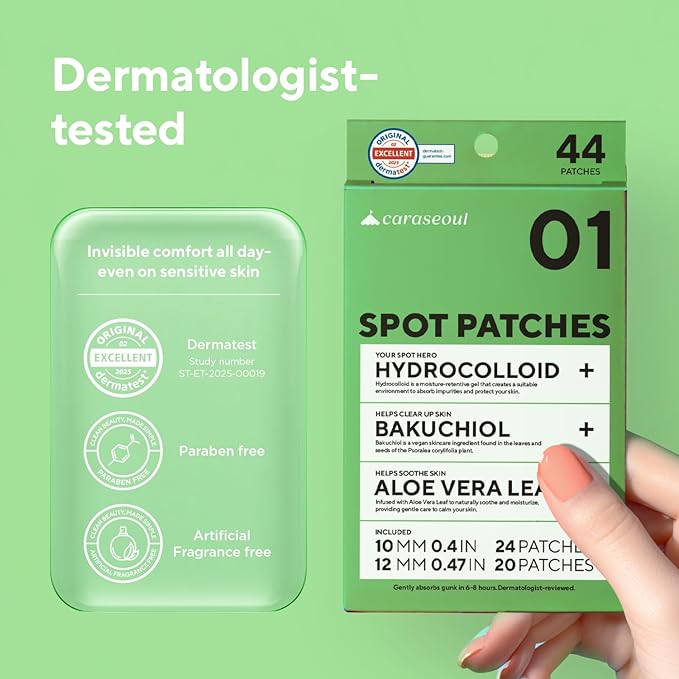 caraseoul Pimple Patches, 2 Size Hydrocolloid Acne Patch for Zits and Blemishes, Bakuchiol & Aloe Vera, Korean Skin Care, Easy to Use – Dermatology Tested