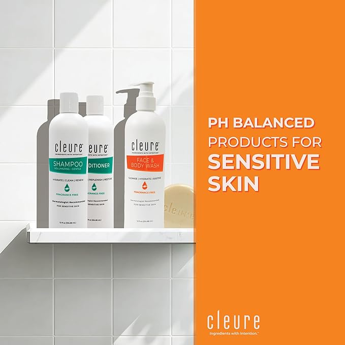 Cleure Fragrance Free Body Wash, Shampoo and Conditioner Set - 3 Piece Bundle - Hair Shampoo, Hydrating Conditioner & Shower Gel for Men & Women - 3 Pack, 12 fl oz ea