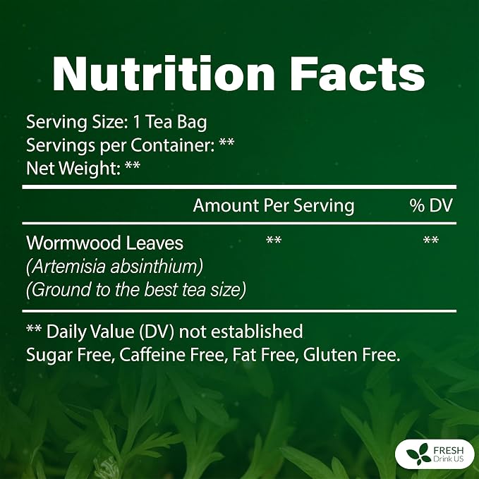FreshDrinkUS, Premium Wormwood Tea - 40 Tea Bags - Handcrafted Herbal Blend, Caffeine-Free – Smooth Taste & Naturally Refreshing.