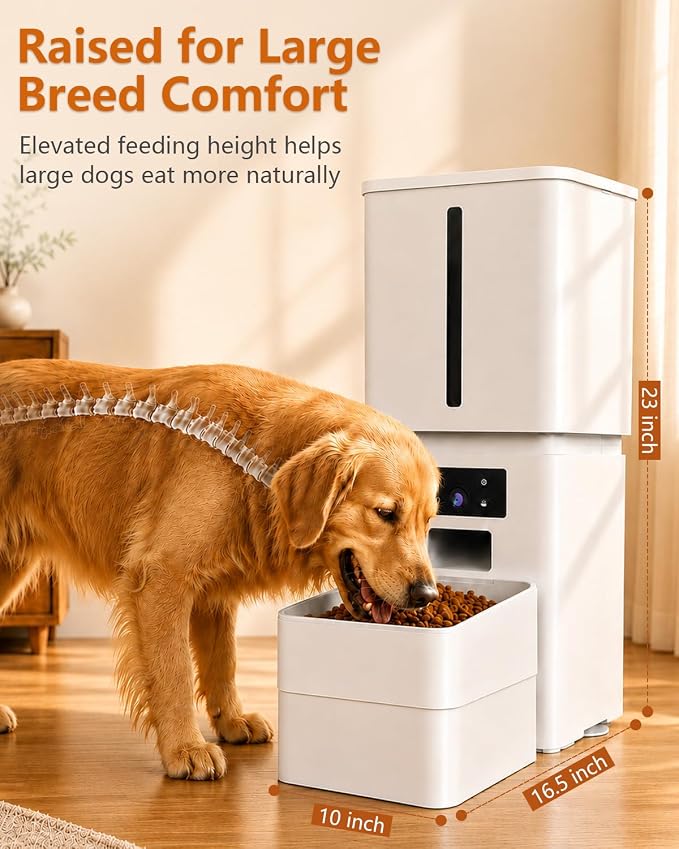 Automatic Dog Feeder Large Breed: 15L/63 Cup Capacity for Kibble up to 22mm | Anti-Clog Slow Feeder with Elevated Stand, Featuring HD Camera with WiFi and Easy App Scheduling by Yakry