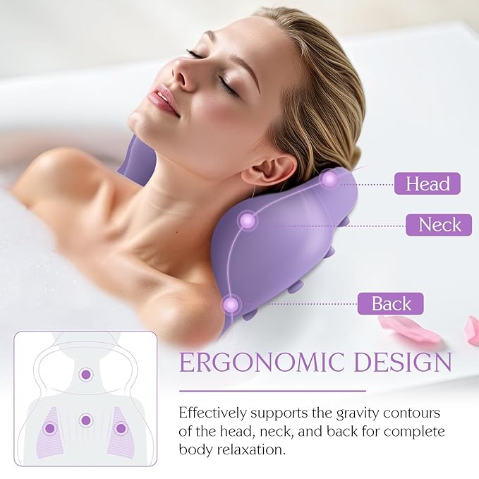 Silicone Bath Pillow, New Material Bath Pillows for Tub Head Neck and Back Support, Bath Tub Pillow with 4D Press Inflatable Airbag and Non-Slip Strong Suction Cups, Quick-Drying, Easy to Store,Purple