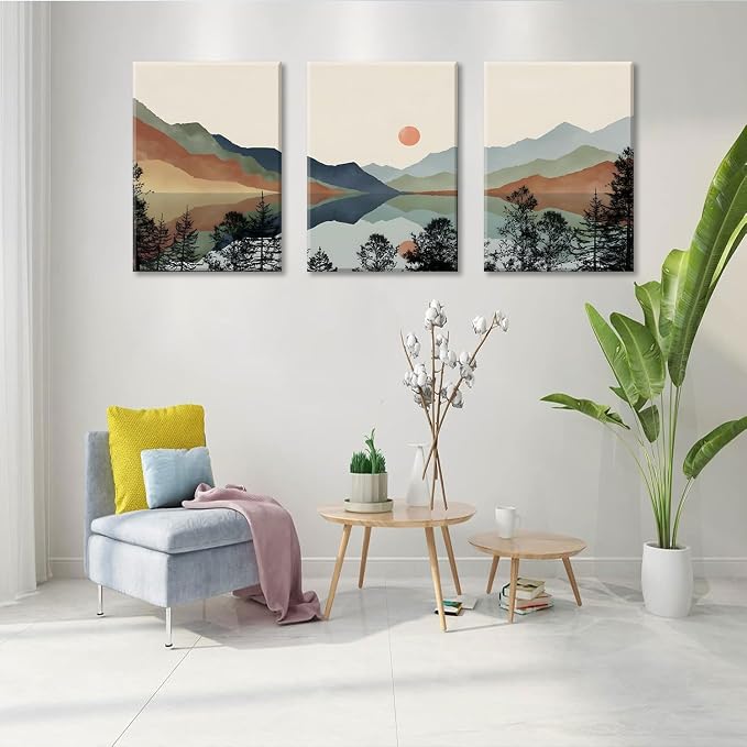 Bwodke Blue Mountain Canvas Wall Art Set of 3, 12x16 inch | Boho Watercolor Wall Decor, Blue Mountain Sun Forest Prints, Living Room Bedroom Office Art
