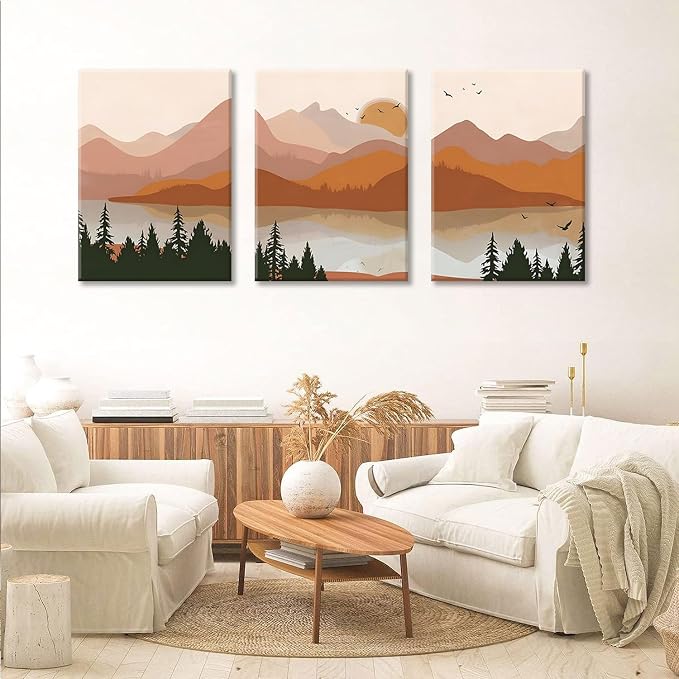 Bwodke Orange Mountain Canvas Wall Art Set of 3, 16x24 inch | Boho Watercolor Wall Decor, Orange Mountain Sun Forest Prints, Living Room Bedroom Office Art