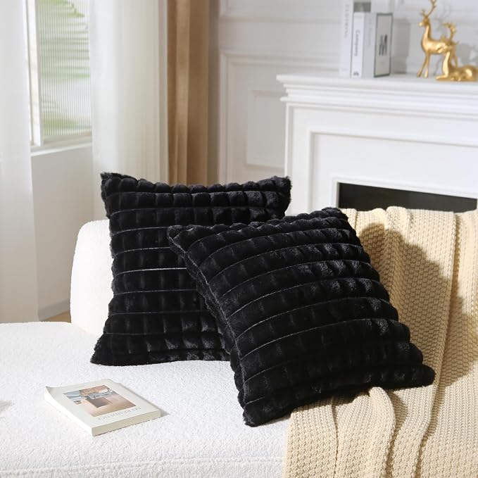 Decorative Throw Pillow with Inserts, Set of 2 Soft Faux Fur Throw Pillows, Square Boho Striped Pillow for Couch, Bed, Sofa Decor(Black, 16" x 16")