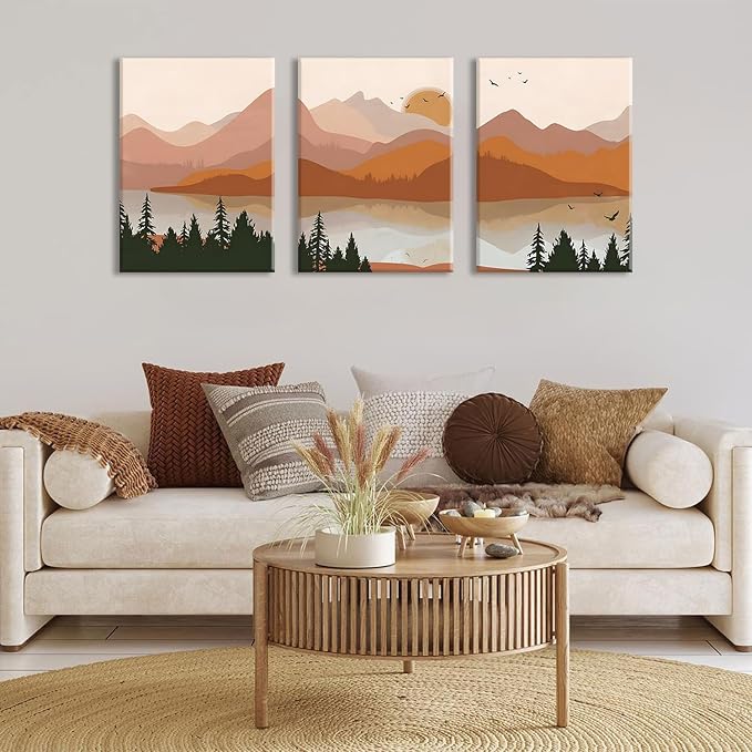 Bwodke Orange Mountain Canvas Wall Art Set of 3, 16x24 inch | Boho Watercolor Wall Decor, Orange Mountain Sun Forest Prints, Living Room Bedroom Office Art
