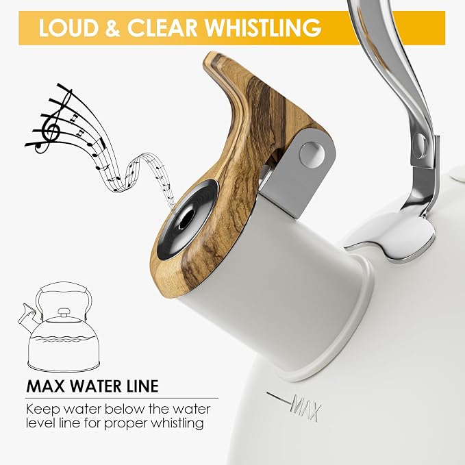 2.6 Quart Tea Kettle Stovetop Whistling for Stove Top, Cream | Food Grade Stainless Steel Tea Kettles with Cool Wood Pattern Handle, Induction Compatible