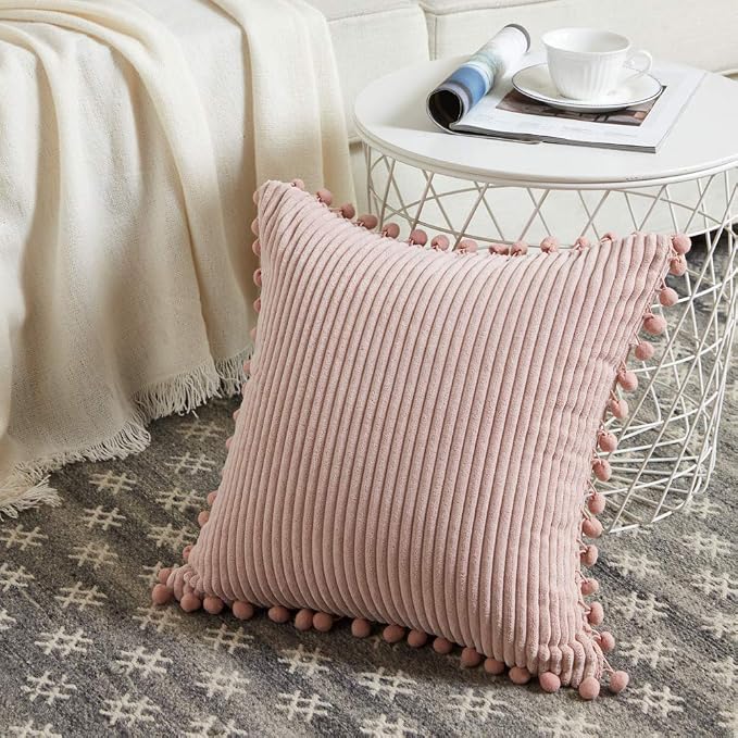 Fancy Homi Pack of 2 Blush Pink Decorative Throw Pillow Covers with Pom-poms, Soft Corduroy Solid Square Cushion Cases Set for Couch Sofa Bedroom Car Living Room (16x16 Inch/40x40 cm, Blush Pink)