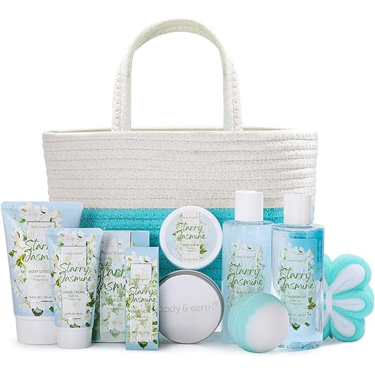 Body & Earth Gift Baskets for Women 11PCS Jasmine Spa Gift Sets for Her, Self Care Kit with Bubble Bath, Shower Gel, Lotion Set, Mothers Day Gifts for Mom