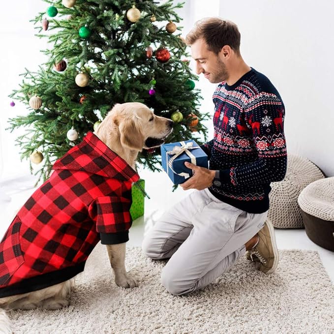 Red Plaid Dog Hoodie Sweater for Dogs Pet Clothes with Hat and Pocket（XXL）