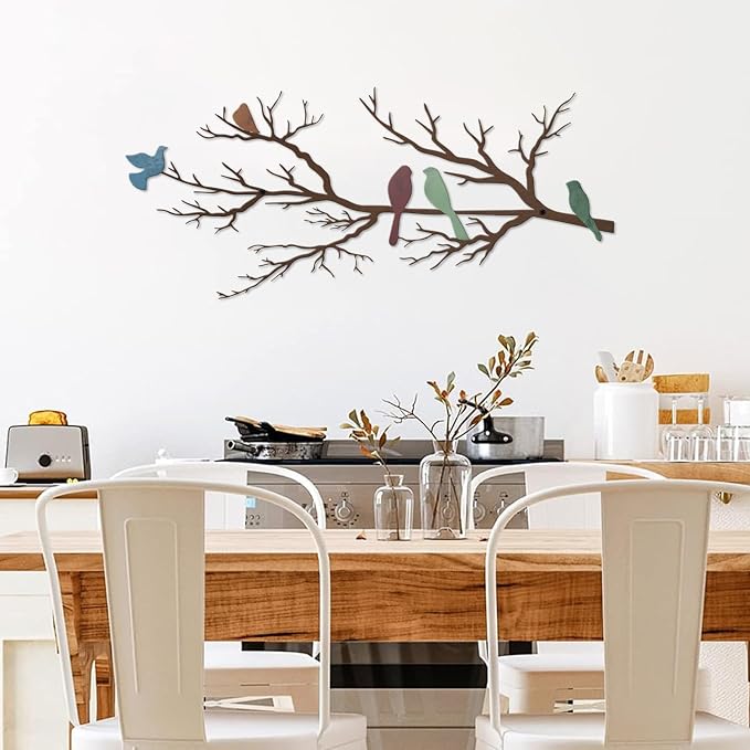 ESTART Metal Birds Wall Art, Metal Vivid Birds on Branch Silhouette Wall Decor Leaves with Bird Outdoor Hanging Wall Sculpture for Living room Bedroom Balcony Garden (Colorful, Large)