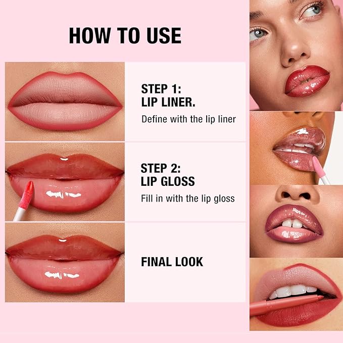 Pink Lip Liner Lip Gloss Set for Women, Waterproof Lip Kit with Lip Oil Lip Liner Pencil, Hydrating Long-Lasting Lipgloss Lip Pencil, High Pigment Non-Sticky lip liner Stain Lipliner (09# Pink)