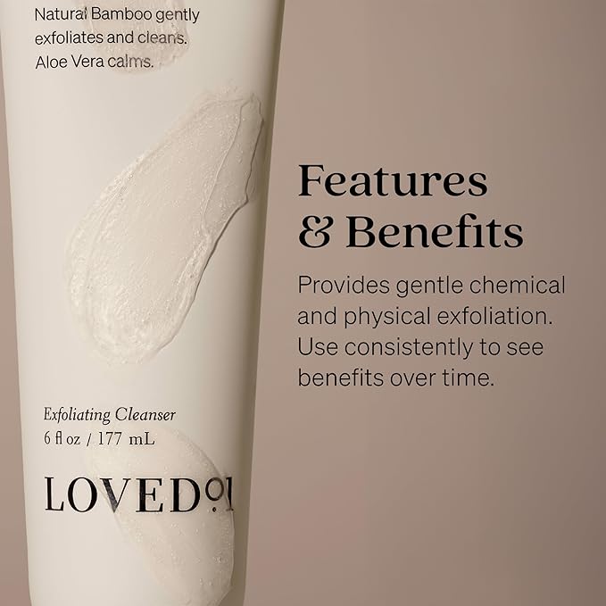 Loved01 Face & Body Exfoliating Cleanser, John Legend Skincare, Hydrating Exfoliant with Aloe, Improves Skin Texture & Tone, with Mandelic Acid & Bamboo Powder for Gentle Combined Exfoliation, 6 oz