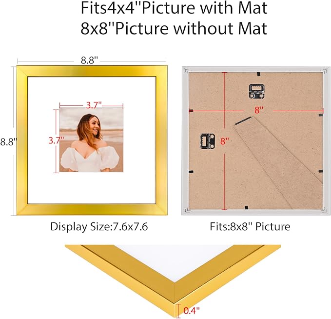 8x8 Picture Frame Set of 9, Display Pictures 4x4 with Mat or 8x8 without Mat, Multi Collage Gallery Square Photo Frames for Wall or Tabletop, Gold