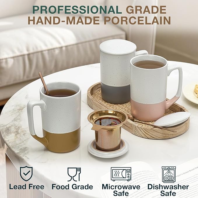 Gencywe Ceramics Large Tea Cup with Loose Leaf Infuser, Spoon and Lid, 16 oz Tall Coffee Mug, Microwave and Dishwasher Safe, Rustic Matte Ceramic Glaze, Tea Strainer (Gray)