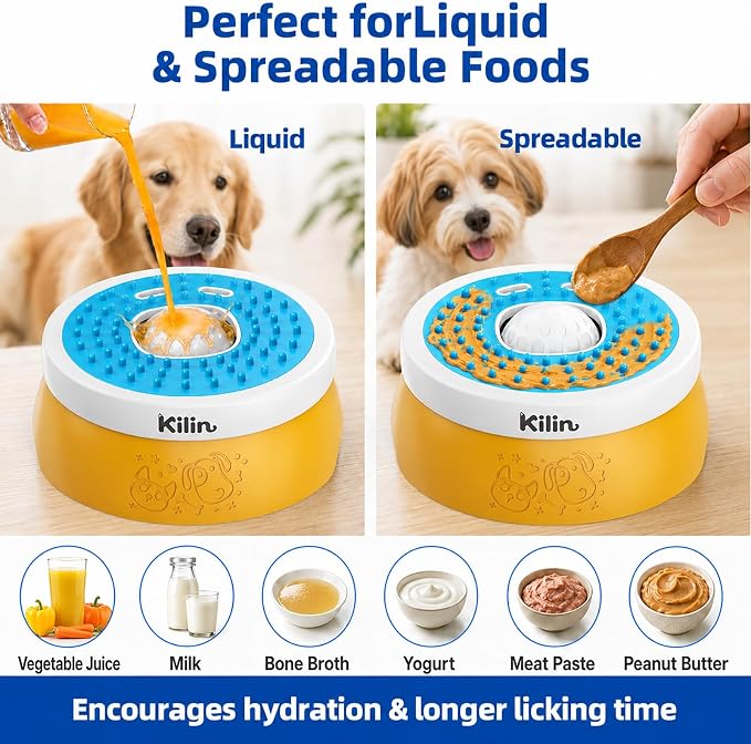 KILIN Slow Feeder Dog Licking Bowl with Rolling Ball,4 Non-Slip Pads,8fl oz