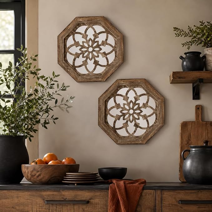 2 Pack 12 Inch Octagon Maroon Rustic Wood Frame Acrylic Wall Mirrors, Farmhouse Boho Wall Art Decor for Living Room, Bedroom, Hallway, Entryway, Bathroom & Office