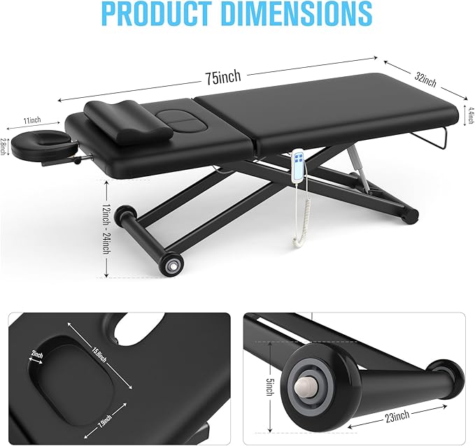 Electric Massage Bed with Adjustable Height and Backrest, Electric Massage Table for Treatment, Physical Therapy and Spa Facial Bed, 2 Motor, Hydraulic Equipment, Remote Control, 32 W x 75 L, Black