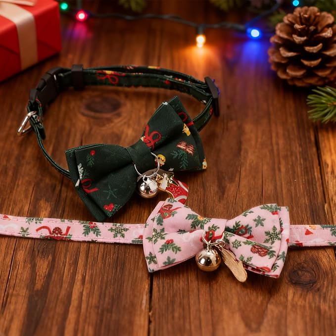2 Pack Christmas Cat Collars with Bow Tie & Bell, Green & Pink Breakaway Kitten Collar, Adjustable Safety Holiday Collar for Girl Boy Cats