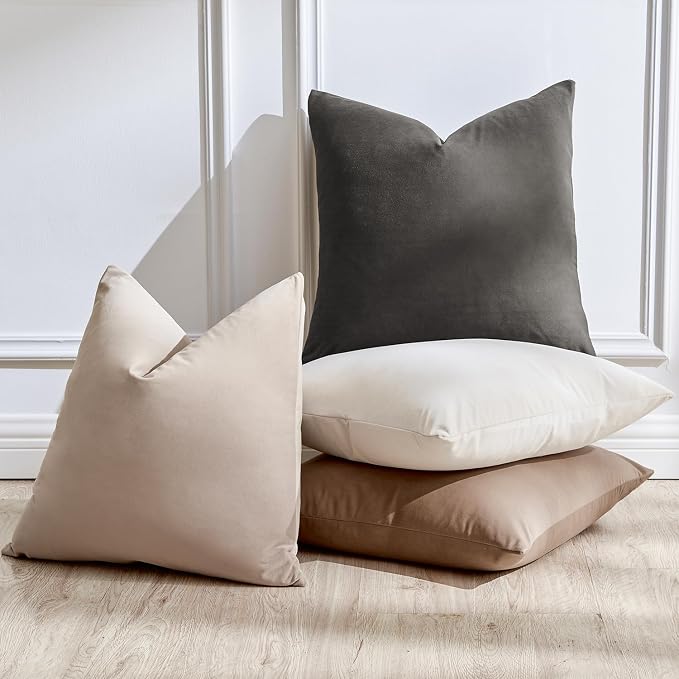 Throw Pillow Covers Set of 4 18x18 Inch Pillow Covers, Soft Velvet Neutral Beige Khaki Grey Pillowcases for Couch Sofa Bed Living Room, Home Boho Decor, Farmhouse Cushion Covers