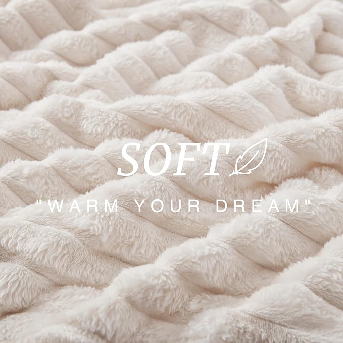 EXQ Home Fleece Blanket Queen Size for Couch or Bed - 3D Stripe Jacquard Decorative Blankets - Cozy Soft Lightweight Fuzzy Flannel Blanket Suitable for All Seasons(90"×90",Beige)