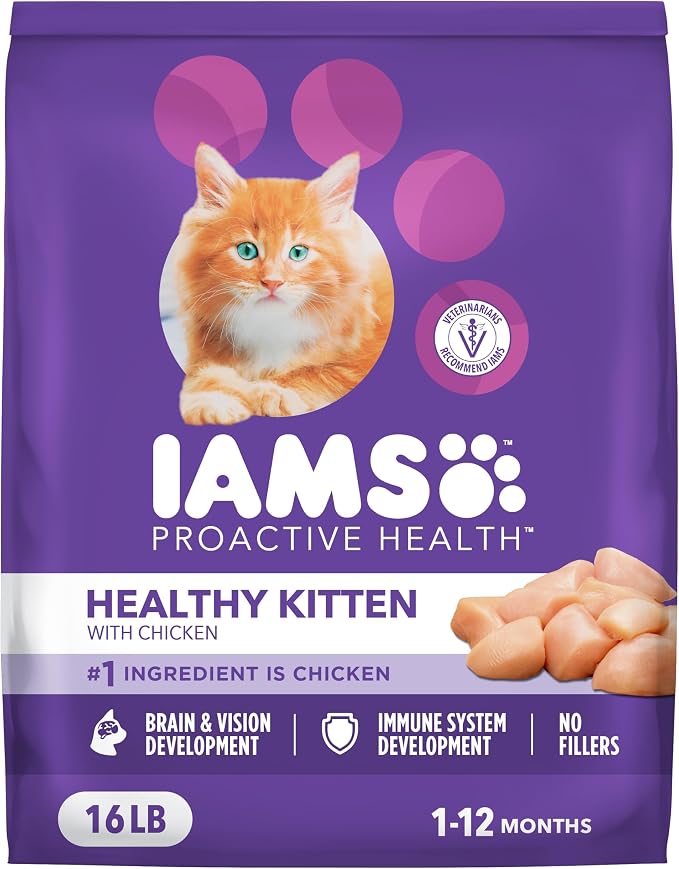 IAMS Proactive Health Healthy Kitten Dry Cat Food, Chicken, 16 lb | Veterinarian-recommended, real chicken #1 ingredient, Omega-3 DHA & taurine, supports digestion, skin health, immune system