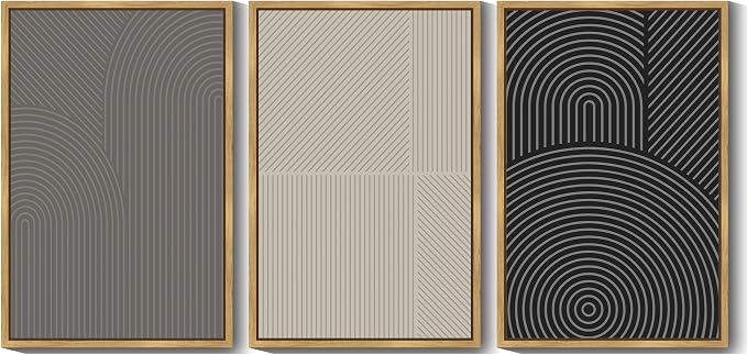 Drsoum Mid-Century Modern Framed Wall Art Large 24x36in Minimalist Abstract Boho Neutral Line Wall Decor Geometric Artwork Kitchen Dining Room Black Framed