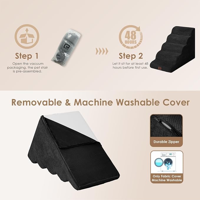 EHEYCIGA Curved Dog Stairs Ramp, 5-Step Extra Wide High Beds, Dog Steps | 33D density of pure foam, for Small Dogs and Cats, Pet Stairs for High Bed Climbing, Non-Slip Balanced Indoor, Black