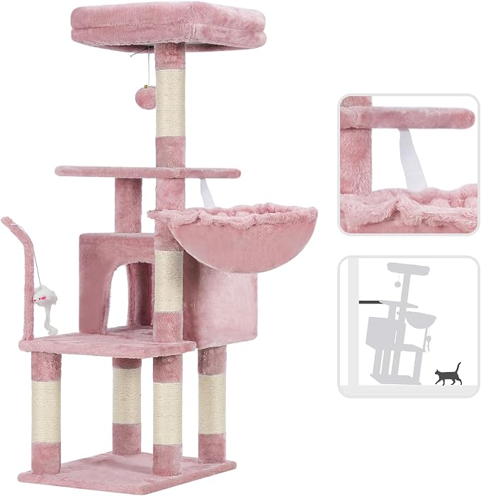 Heybly Cat Tree with Toy, 43.3 inch Cat Tower condo for Indoor Cats, Cat House with Padded Plush Perch, Cozy Hammock and Sisal Scratching Posts, Skin Pink HCT004SP