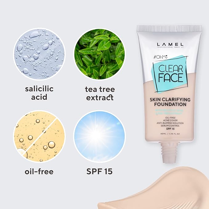 LAMEL Oh My Clear Face Full Coverage Foundation for Oily Skin, Salicylic Acid & Tea Tree Extract, Anti-Blemish Sensitive Skin Care, Organic & Oil-Free, 402 Deep Beige, 40 ml / 1.35 fl.oz