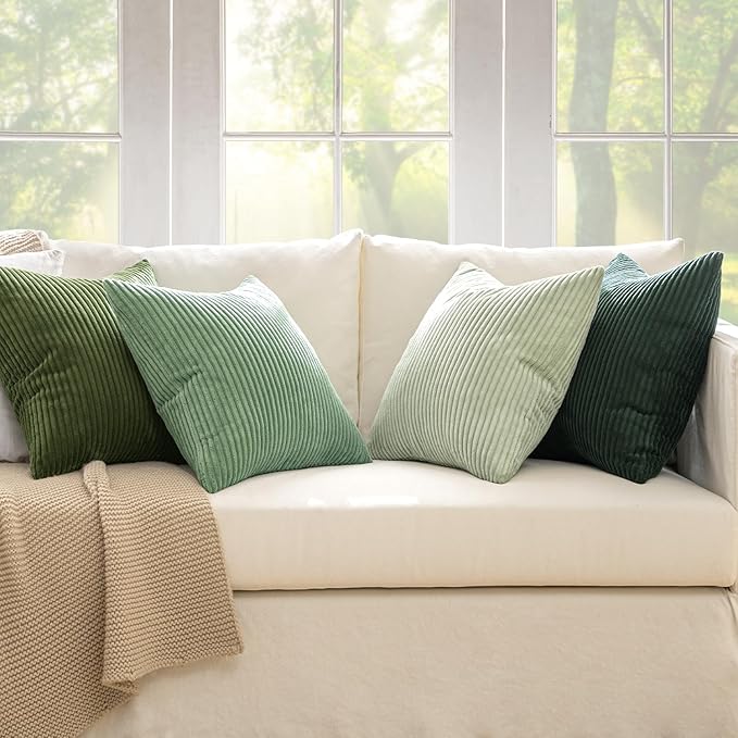 MIULEE Soft Corduroy Decorative Throw Pillow Covers Forest Green 18x18 | Set of 4, Mordern Nordic Home Decor, Gradient Color Matching, Boho Farmhouse Cushion Covers for Couch Bed Sofa Living Room