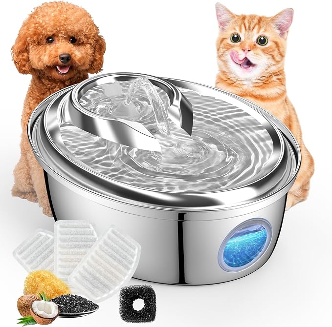 ORSDA Stainless Steel Cat Water Fountain, Automatic Pet Water Fountain, 100oz/3L Drinking Fountain Dog Water Dispenser with Water Level Window- 3 Filters +1 Pump Sponges(D66)