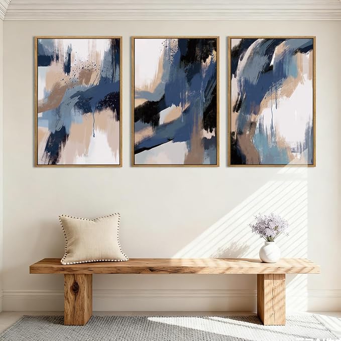 Extra Large Blue Neutral Wall Art Decor Modern Abstract Wall Painting Framed Artwork for Living Room Bedroom Office 24x36 Inch Set of 3
