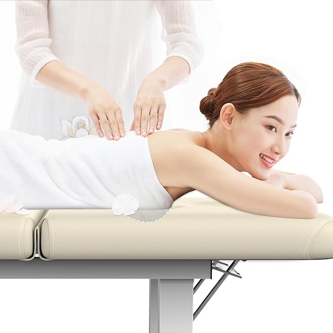 pouseayar Metal Frame Wide Stationary Massage Table for Treatment Table Physical Therapy Table Spa Facial Bed, PU Leather 31.5'' Wide 75'' Long (Beige Grey, Segmented Structure)