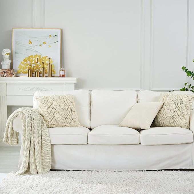 Chunky Cable Knit Throw Blanket Lightweight Cream 100% Organic Cotton Blanket for Sofa Couch Bed Baby Nursery, Rustic Shabby Chic Modern Farmhouse, 51” x 63” Give Laundering Bag