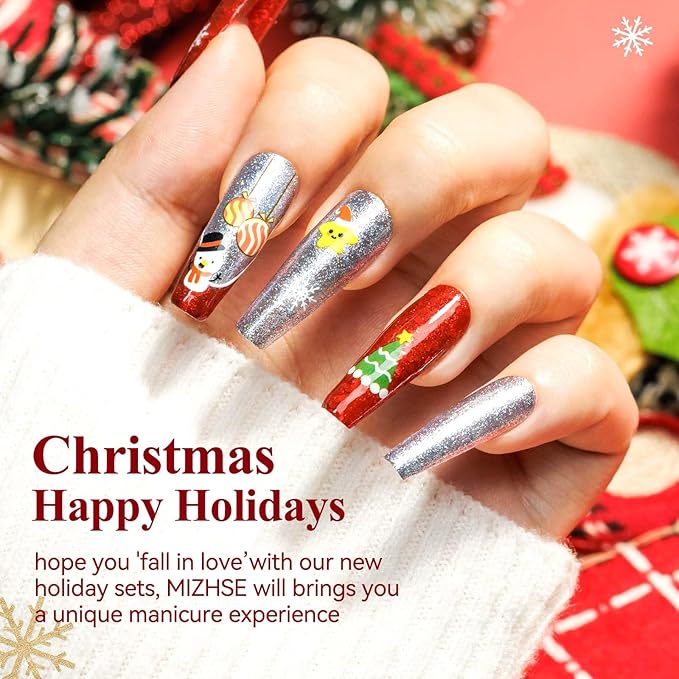 MIZHSE Quick Dry Christmas Nail Polish Set with Sticker, 6 Colors Red Green White Gold Sliver Sparkle Polish, Fast Drying Nail Polish Set Manicure Gift for Women