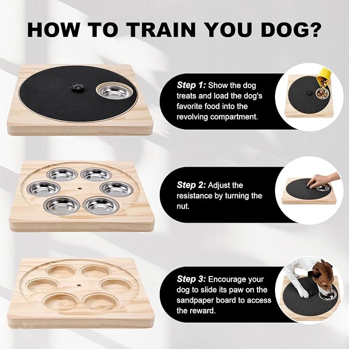 Dog Nail Scratch Board with Treat Board, Stress-Free Nail Care for Dog | Wood Scratching Pad with Sandpaper and 6 Steel Bowls, Nail File Toy for Dog