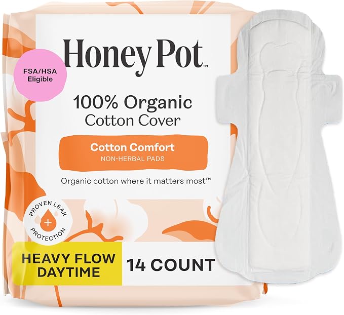 The Honey Pot Company - Sanitary Pads for Women - Non-Herbal Heavy Flow Daytime w/Wings - Organic Cotton Cover & Ultra-Absorbent Core - Feminine Care - 14 ct
