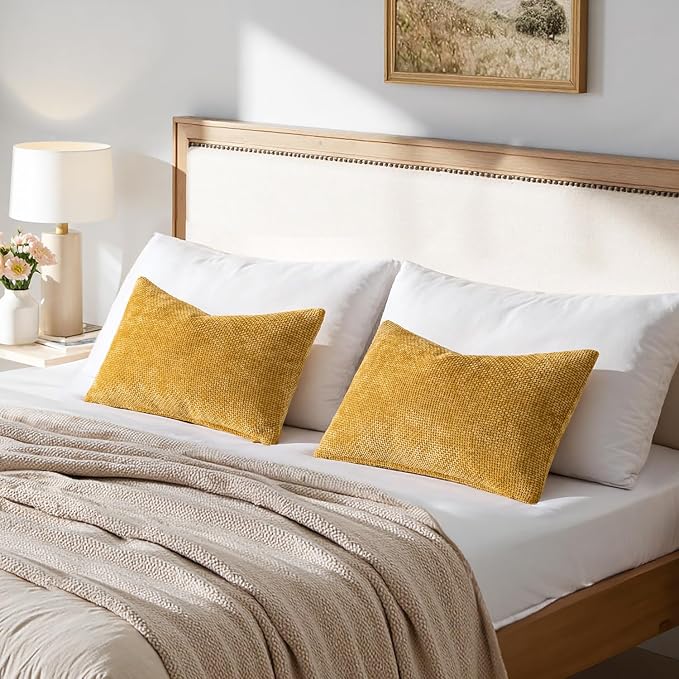 MIULEE Decorative Lumbar Throw Pillow Covers 12x20 in Mustard Yellow 2 Pack | Modern Boho Accent, Soft Chenille Pillow Covers, Farmhouse Cushion Cases for Couch Bed Sofa Living Room Home Decor