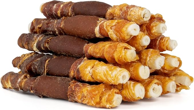 MON2SUN Dog Treats, 5 Inch Triple Flavor Wrapped Rawhide Sticks, 10.58 oz | 15 Count, Chicken Liver, Duck and Chicken Recipe, Long-Lasting Chew, Support Dental Health, for Small and Medium Dogs