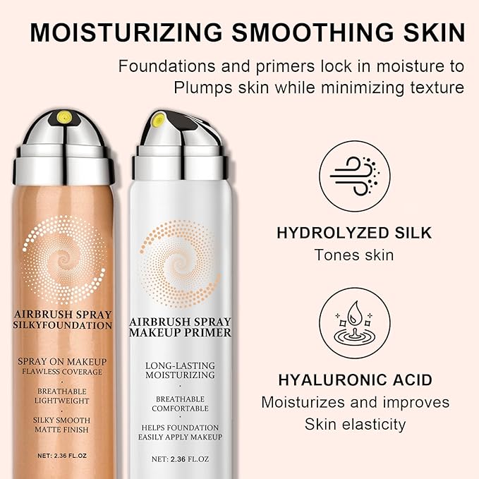 AirBrush Foundation Spray With Airbrush Primer, Silky Mist Foundation Spray Makeup, Full Coverage Foundation for Smooth Radiant, Formula Breathable Lightweight Hydrating (02 Beige)