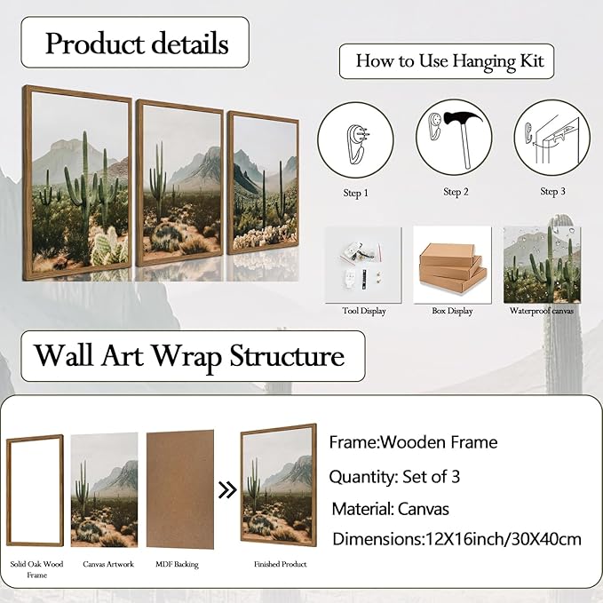 Framed Desert Landscape Wall Art Set of 3, Vintage Southwestern Cactus Wall Decor Paintings, Mexican Mountain Botanical Pictures Canvas Prints for Living Room Bedroom Bathroom Office 12x16 inch