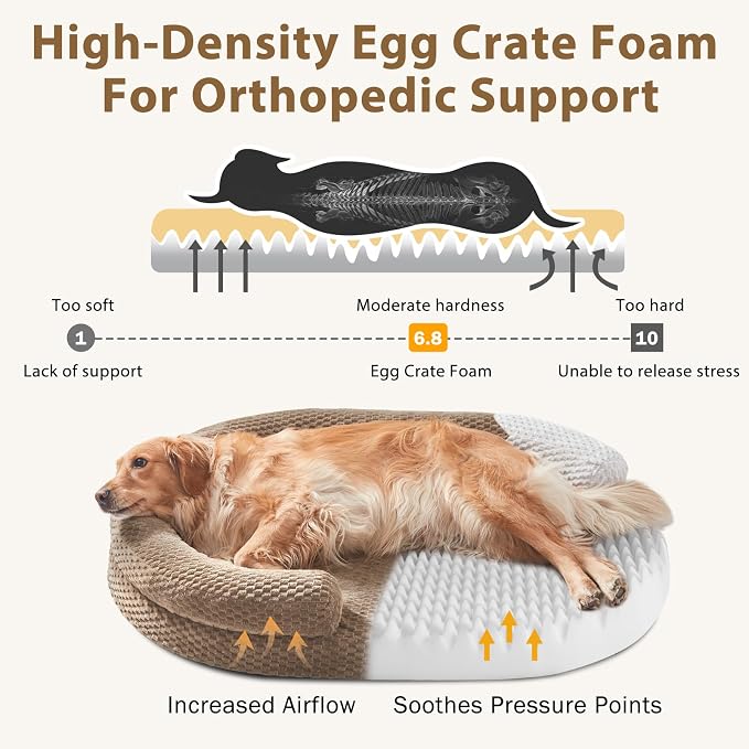 JOEJOY XL Orthopedic Dog Beds Large Sized Dog, Extra Large Washable Waterproof Oval Large Dog Bed with Removable Cover, Egg-Crate Foam Pet Bed with Bolster Sides & Non-Skid Bottom, Brown, 42''x32''
