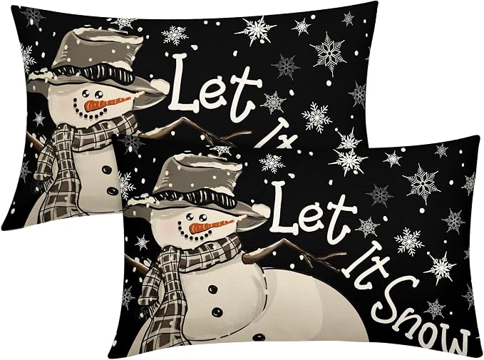 Christmas Black Lumbar Pillow Covers 12X20 Inch Set of 2 Xmas Snowman Snowflake Decorative Pillow Cases Winter Holiday Cotton Linen Cushion Case Modern Home Decor for Sofa Couch Bedroom