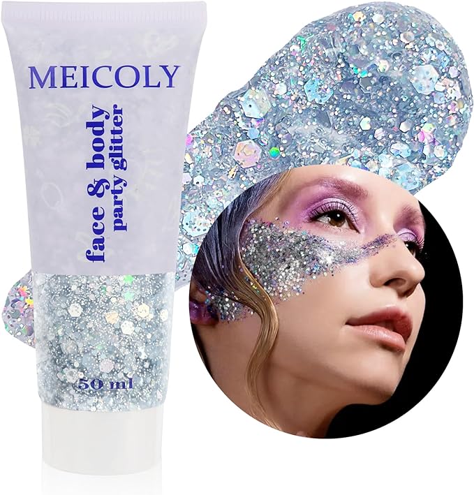 MEICOLY Silver Body Glitter,Chunky Silver Face Hair Mardi Gras Glitter,Halloween Silver Glitter Makeup,Sparkle Face Paint for Women and Kids,Music Festival Party Outfits for Women Accessories