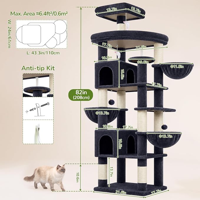 Globlazer Extra Large Cat Tree Tower, 82in Tall Heavy Duty Cat Tree for Indoor Cats Large Adult Big Cat Tower with 8 Scratching Posts, 2 Cat Condos, 2 Padded Perches, 3 Hanging Baskets, S82, Dark Gray