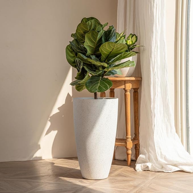 LA Jolie Muse 20 Inch Tall White Planters,Set of 2 Indoor/Outdoor Tall Planters with Shelf Insert and Trays,Modern Large Flower Pot for Front Front Door, Patio and Deck | Set of 2, Large Flower Pots with Drainage Holes and Tray, Modern Planter for Fron...
