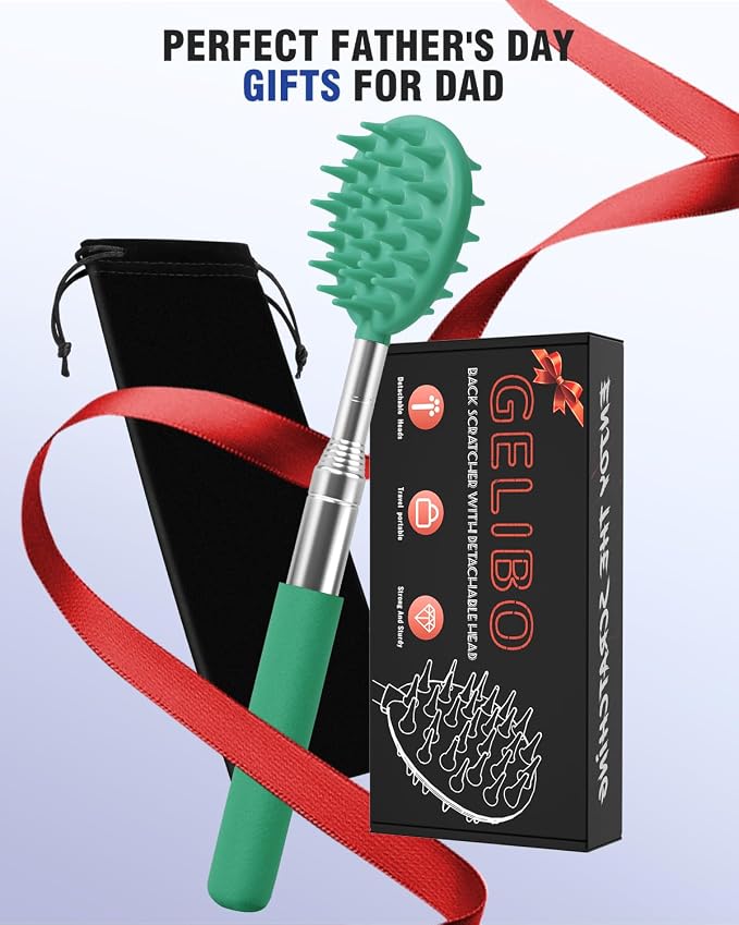Gelibo Telescoping Back Scratcher with 5Pcs Detachable Heads, Extendable Back Massager Tool, Fathers Day Dad Gifts from Wife Daughter Son, Mens Gifts, Husband with Beautiful Box - Cyan